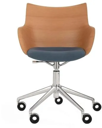 Kartell Q/Wood Bürostuhl Chrom/Hellholz mit blauer Polsterung